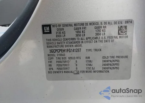 2015 Chevrolet Silverado 1500 Ls z USA, uszkodzony, nr VIN 3GCPCPEH1FG141287